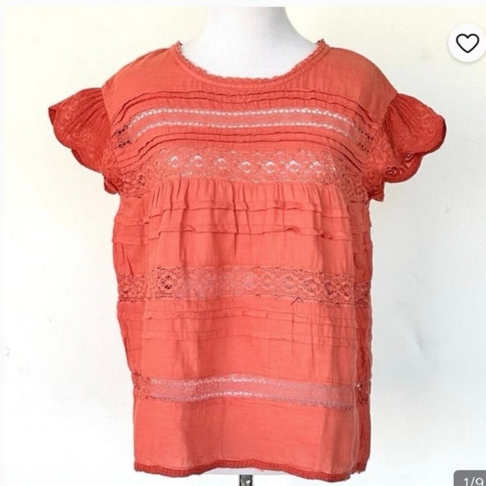 Sundance Aria Petite Medium Coral Lace Boho Blouse 100% Cotton Embroidered Top
